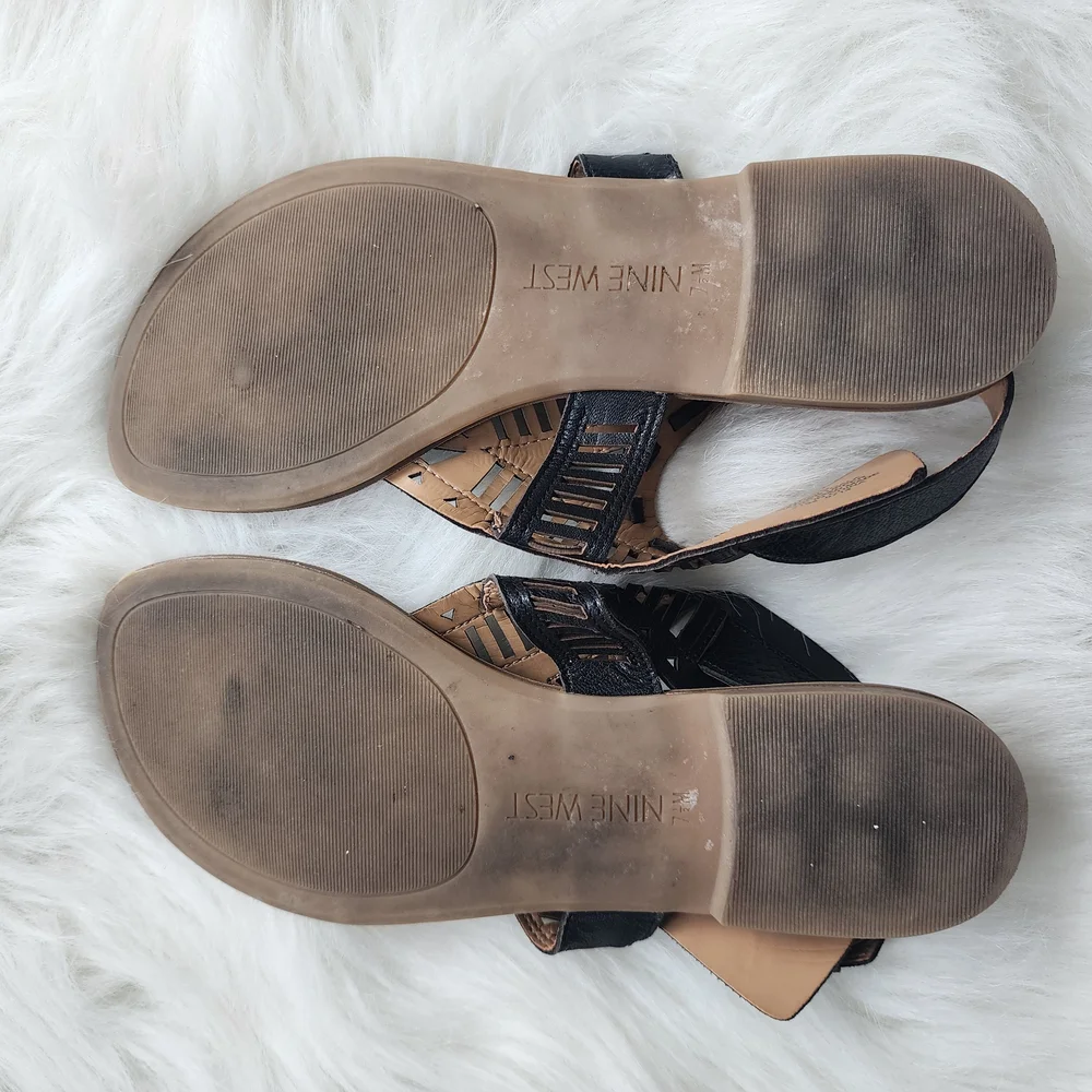 Nine West Polygala Black Leather Laser Cut Geometric Sandals - 7.5